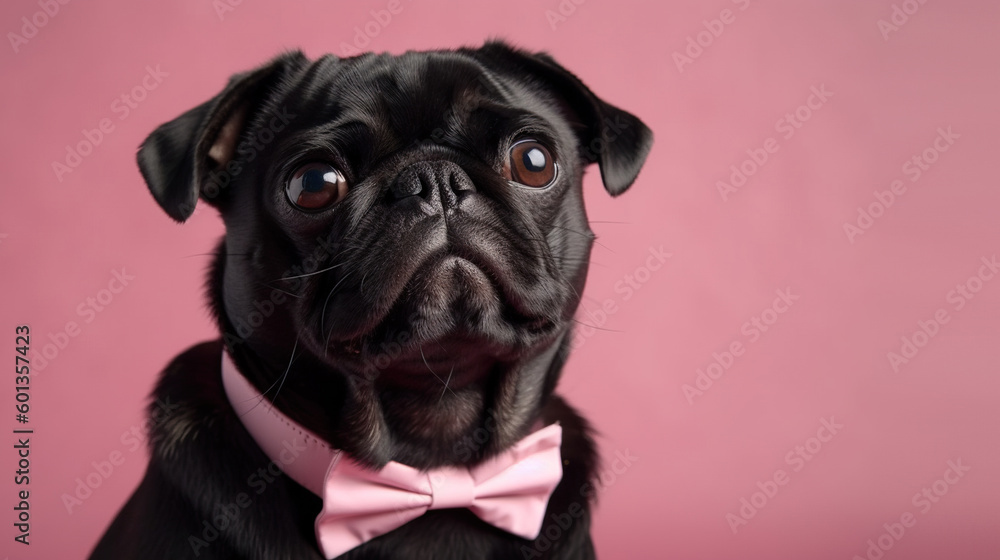 Cute black puppy pug in pink bow tie, isolated on pink background with copy space. Generative AI