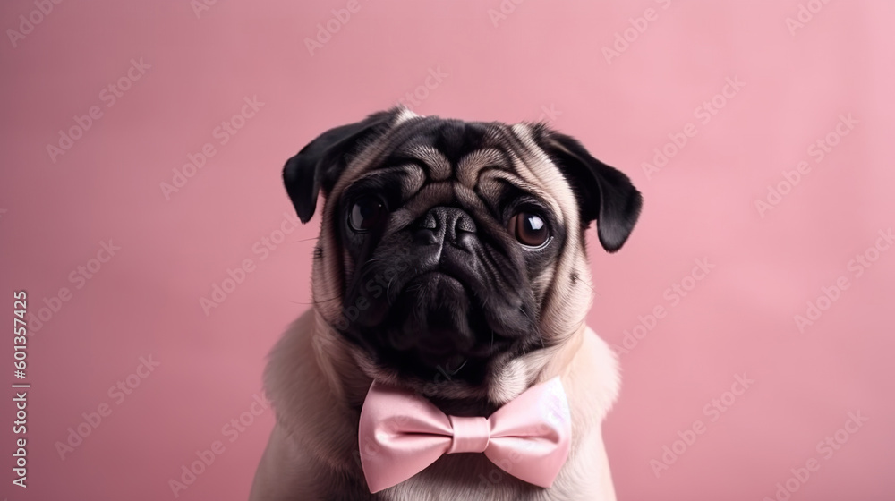 Cute puppy pug in pink bow tie, isolated on pink background with copy space. Generative AI