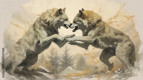 illustration of wolves fighting each other in the wild. Generative AI