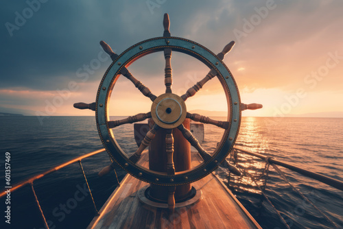 Canvas Print ship wheel on boat with sea and sky