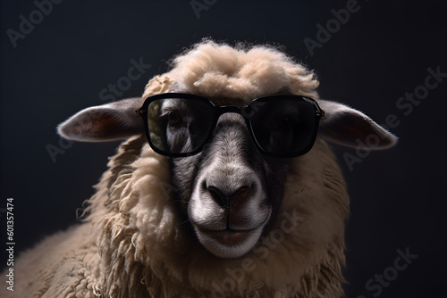 Funny sheep wearing sunglasses in studio with a colorful and bright background. Generative AI