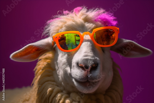 Funny sheep wearing sunglasses in studio with a colorful and bright background. Generative AI © Mihai Zaharia