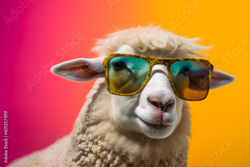 Funny sheep wearing sunglasses in studio with a colorful and bright background. Generative AI