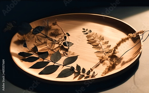 a wooden platter with some eucalyptus leaves