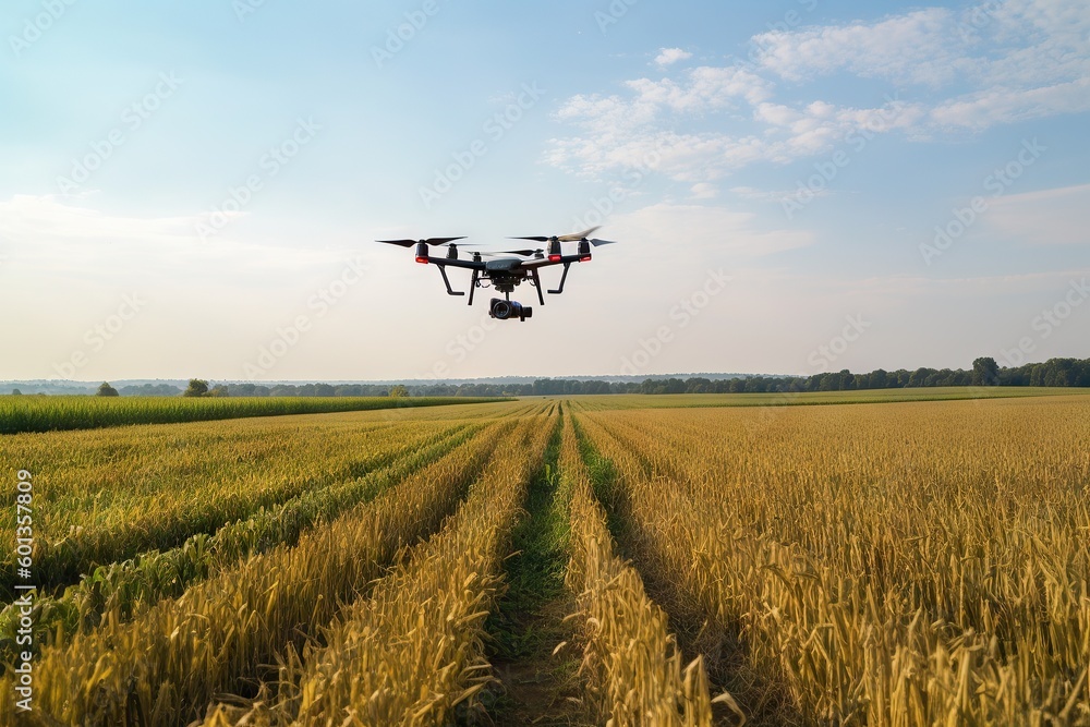 Drone Flying over Green Corn Field. Farming and Agriculture Technology Concept. Generative AI illustrations. Drone Flying over Green Corn Field. Farming and Agriculture Technology Concept. Generative AI illustrations.