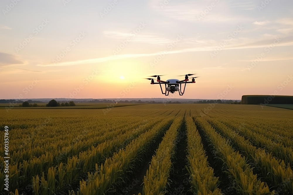 Drone Flying over Green Corn Field. Farming and Agriculture Technology Concept. Generative AI illustrations. Drone Flying over Green Corn Field. Farming and Agriculture Technology Concept. Generative AI illustrations.