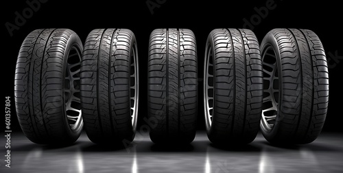 Close-Up of Tyres and Wheels, Isolated on Dark Background, Generative AI