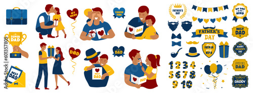 Fototapeta Naklejka Na Ścianę i Meble -  Fathers day. Beautiful fathers holds a baby in her arms, men hugs her children. Set of flat vector icon from design banner or template