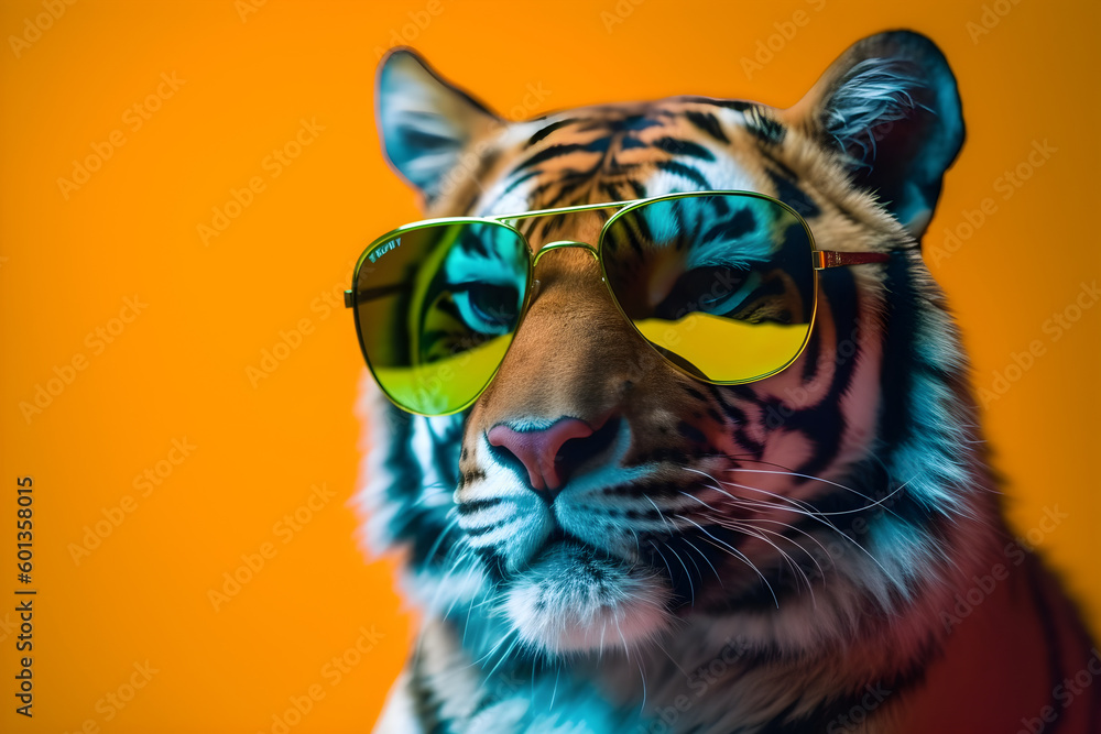 Funny tiger wearing sunglasses in studio with a colorful and bright  background. Generative AI Stock Illustration | Adobe Stock