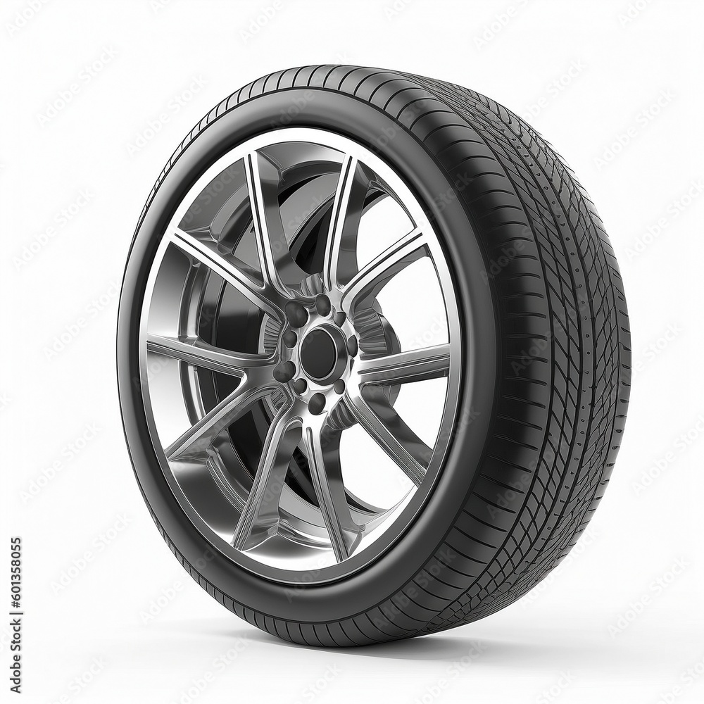 Close-Up of Alloy Wheel with Tyre, Isolated on White Background, Generative AI