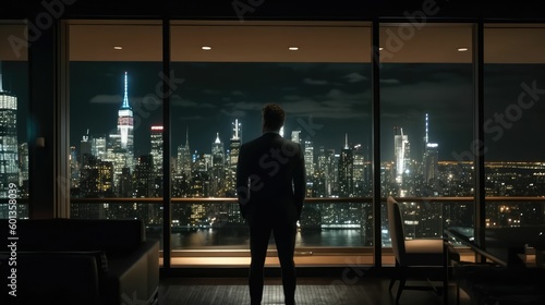 Businessman Gazing at the Cityscape Through a Window, by Generative AI