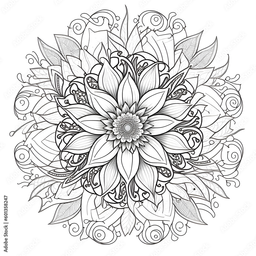 Mandala coloring page created with Generative AI technology. Mandala coloring page created with Generative AI technology.