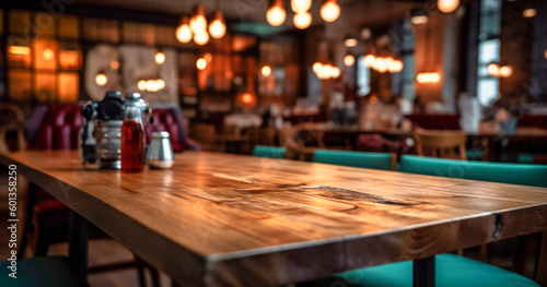 wooden table in the restaurant with furniture blurred background