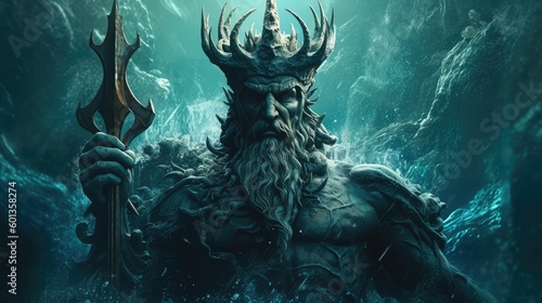 Poseidon, the Greek God, and Neptune, the Roman God of the Ocean, by Generative AI