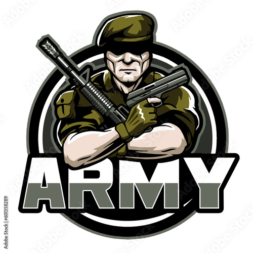 military army soldier of fortune with gun and pistol, vector, logo, cartoon, mascot, character, illustration