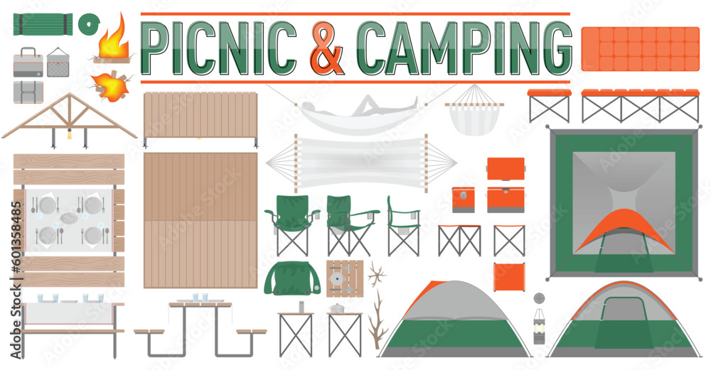 Picnic and Camping Vector Set with Top, Front and Side views of Camping Items and Picnic Furniture - obrazy, fototapety, plakaty 
