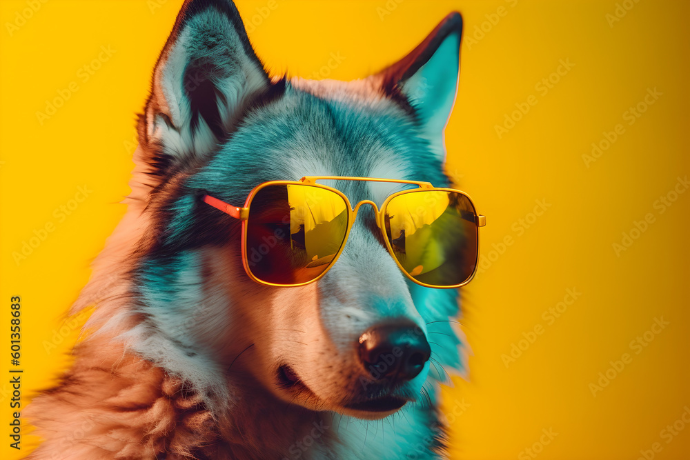 Funny wolf wearing sunglasses in studio with a colorful and bright background. Generative AI Funny wolf wearing sunglasses in studio with a colorful and bright background. Generative AI