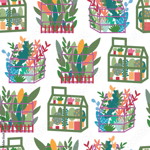 White Colorful Blooming greenhouse seamless vector pattern. Greenhouse with plants, and flowers. Nature
