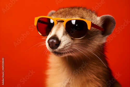 Funny weasel wearing sunglasses in studio with a colorful and bright background. Generative AI
