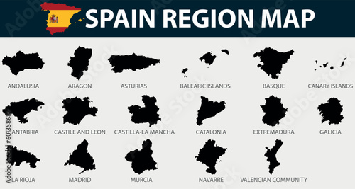 Map of  Spain set region outline silhouette graphic element Illustration template design
 photo