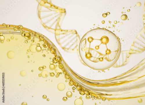 Cosmetic moisturizing liquid Molecule inside Bubble with DNA , Oil serum or lotion 3d illustration.