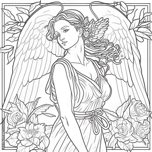 Coloring book - fantasy image of a female angel in the style of line art created with Generative AI technology
