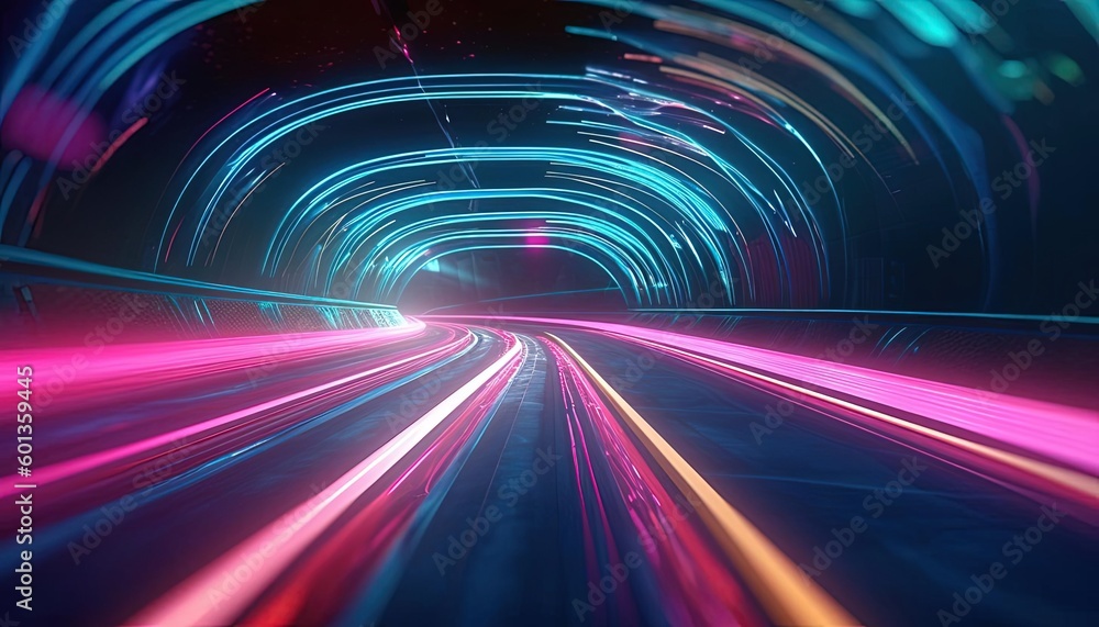 colorful light trails and rays make a tunnel inside, generative ai