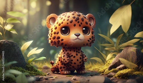 Cute Cartoon Leopard in the Woods. Generative AI.