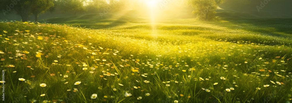 a springtime spring field with flowers and light