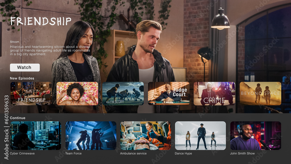 Interface of Streaming Service Website. Online Subscription Offers TV Shows, Realities, Fiction Films. Screen Replacement for Desktop PC and Laptops With Featured Sitcom Comedy Television Show. - obrazy, fototapety, plakaty 