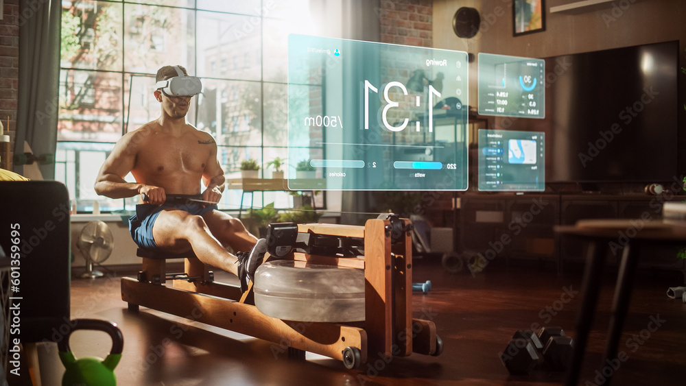 Virtual Reality Metaverse Futuristic Home Gym: Man Exercising on Row Machine Wearing Virtual Reality Headset, Infographics Show Health Care Statistics and Graphs. Sportsman Using VR Workout Service