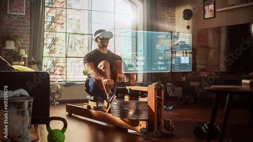 Obraz Virtual Reality Metaverse Futuristic Home Gym: Man Exercising on Row Machine Wearing Virtual Reality Headset, Infographics With Health Care Statistics and Graphs. Sportsman Using VR Workout Service