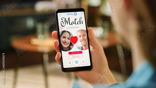 POV Dating App Concept: Person Uses Smartphone for Browsing Social Media Dating Application. Person Swiping, Searching, Screen Shows Matching with Partner, Finding True Love