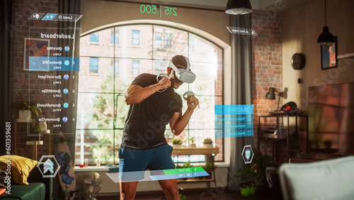 Man Using Virtual Reality Headset in Metaverse for Boxing Video Game. Person Fights AI, Scoring Points, Virtual Training, Fitness, Exercise, and Online Workout. 3D Graphics, Augmented Reality Edit.