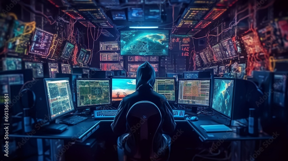 Obraz premium Masked Hacktivist Organizes Massive Data Breach Attack on Corporate Servers, Generative AI