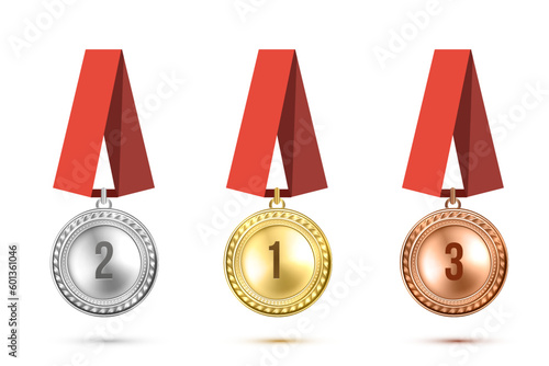 Three medal with gold madel and silver, bronze madel on red ribbon. 002