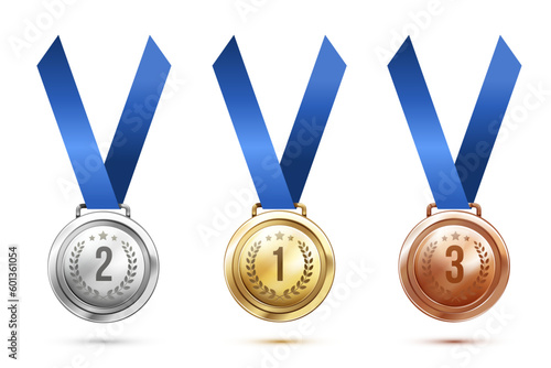 Three medal with gold madel and silver, bronze madel on red ribbon. 002