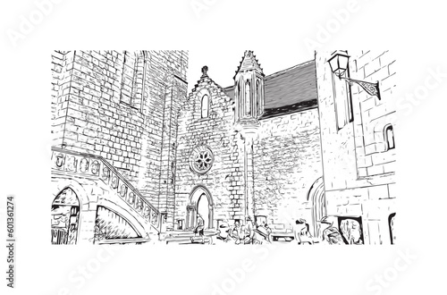 Building view with landmark of Rocamadour is the commune in France. Hand drawn sketch illustration in vector.