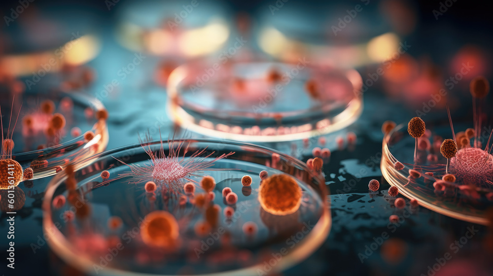 Close up of virus and bacteria on glass observation dishes. Generative AI Close up of virus and bacteria on glass observation dishes. Generative AI
