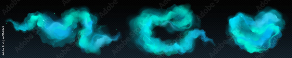 Realistic set of turquoise smoke clouds isolated on transparent background. Vector illustration of dust texture with sparkling particles and shimmering powder effect, mist trail. Magic power swirl