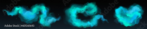 Realistic set of turquoise smoke clouds isolated on transparent background. Vector illustration of dust texture with sparkling particles and shimmering powder effect, mist trail. Magic power swirl