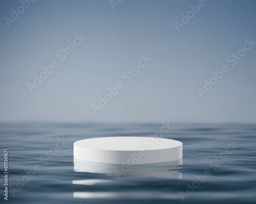 Single empty white podium  product display background  presentation promotion advertisement scene  cylinder on water. 3d render 