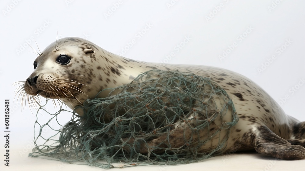Fototapeta premium A Grey Seal tragically caught in a section of fishing net. Generative AI
