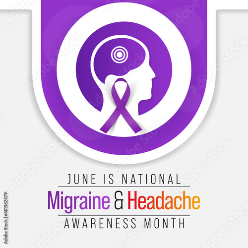 Migraine and headache awareness month is observed every year in June. it is usually a moderate or severe headache felt as a throbbing pain on one side of the head. Vector illustration