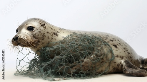 A Grey Seal tragically caught in a section of fishing net. Generative AI