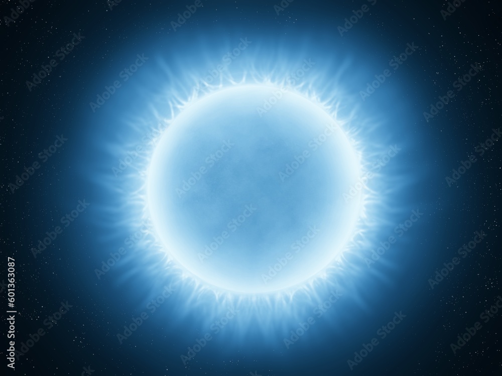 Large and unstable blue star. Hot young star with high surface temperature. Flares in the atmosphere of an alien sun.