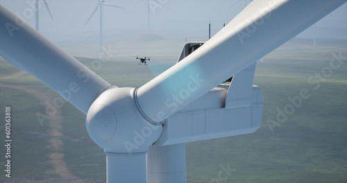 AERIAL Industrial drone flying near wind turbine, gathering video data for inspection and service