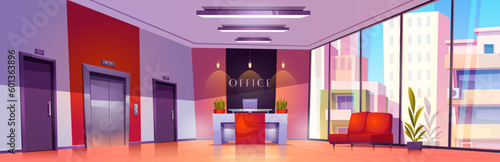 Cartoon company office interior with furniture. Vector illustration of hall with doors, elevator, computer on reception desk, chairs for guests in waiting area. Cityscape view seen through glass wall