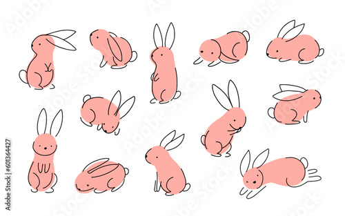 Set of Easter bunny in simple one line style. Colored Rabbit icon. line drawing of easter rabbit black and white minimalist hand drawn vector illustration. Isolated on white background.