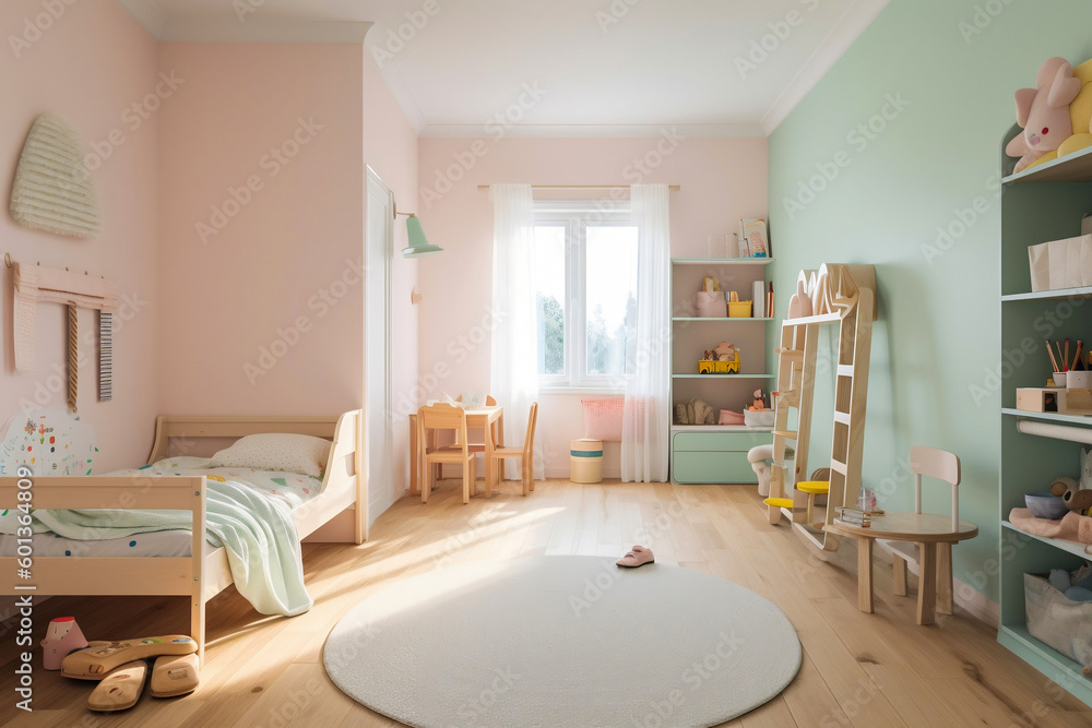 Fototapeta premium Small child kids infant room, cozy interior design, brochure, generative ai